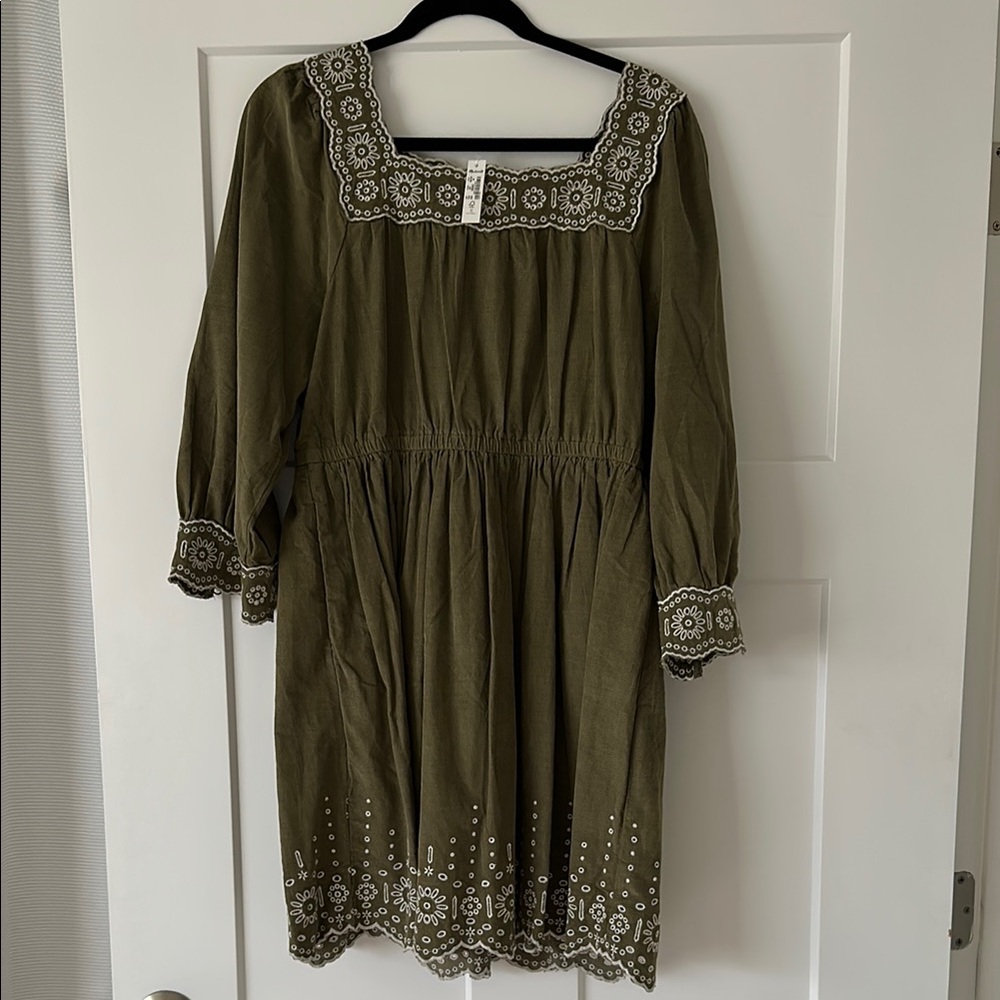 NWT Olive Green Embroidered Corduroy Dress